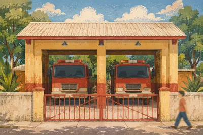 Red Fire Truck Engines at Neighborhood Station