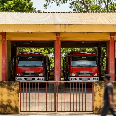 Red Fire Truck Engines at Neighborhood Station