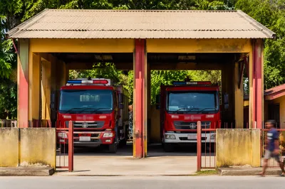 Red Fire Truck Engines at Neighborhood Station