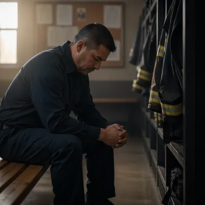 Firefighter in Locker Room at Dawn