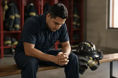 Firefighter Praying Quietly in Locker Room