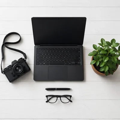 Minimalist Desk Workspace with Laptop and Plant
