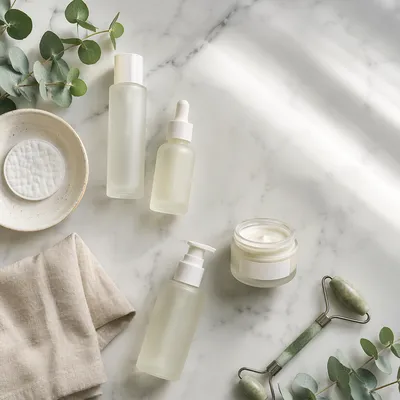 Serene Skincare Flat Lay on Marble