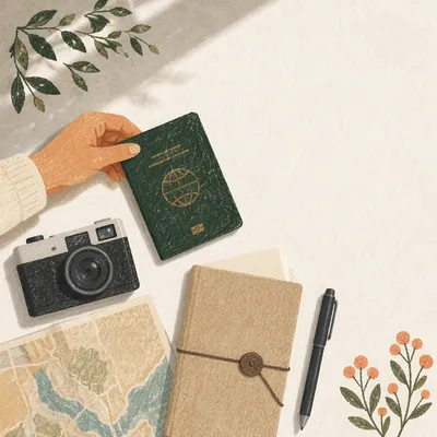 Minimal Travel Essentials Flat Lay with Passport