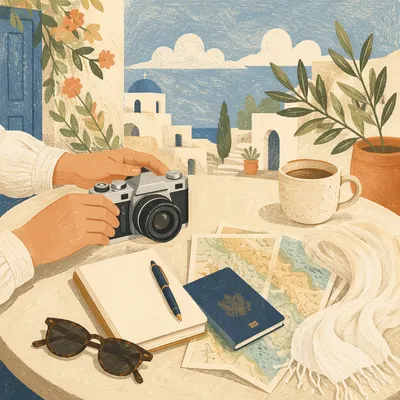 Sunlit Travel Essentials on Café Table