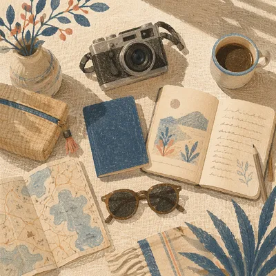 Sunlit Flat Lay Travel Essentials Scene