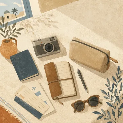 Sunlit Flat Lay of Travel Essentials
