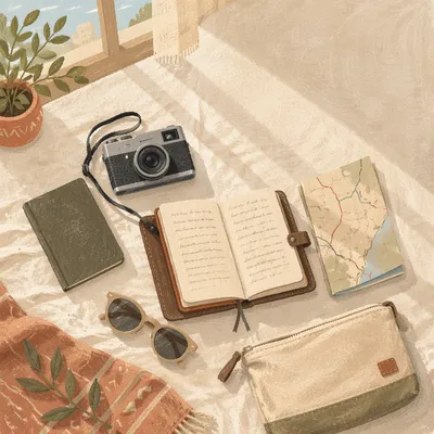 Sunlit Flat Lay of Travel Essentials