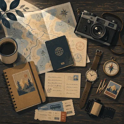 Vintage Travel Essentials Flat Lay Scene