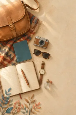 Warm Travel Essentials Flat Lay with Journal