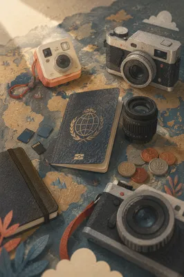 Travel Essentials Flat Lay on Vintage Map