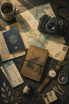 Vintage Travel Essentials Flat Lay Scene