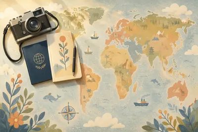 Vintage Travel Essentials on Soft World Map