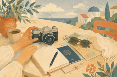 Sunlit Travel Essentials on Café Table