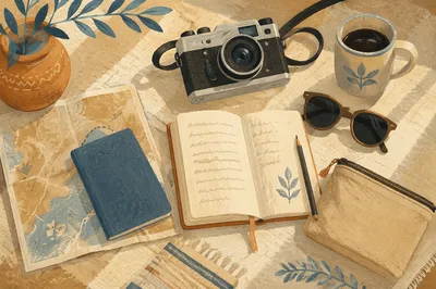 Sunlit Flat Lay Travel Essentials Scene