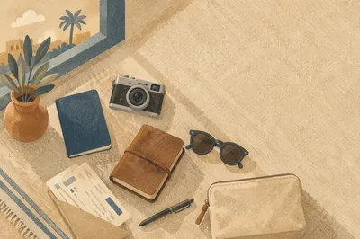 Sunlit Flat Lay of Travel Essentials