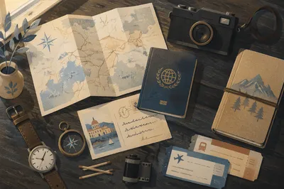 Vintage Travel Essentials Flat Lay Scene
