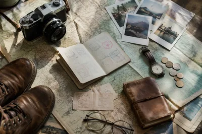 Vintage Travel Essentials Flat Lay Scene
