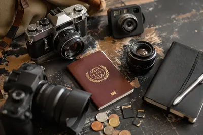 Flat Lay Travel Essentials on Vintage Map