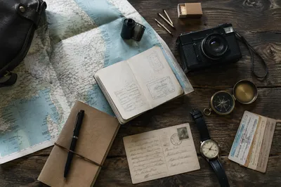 Vintage Travel Essentials Flat Lay Scene