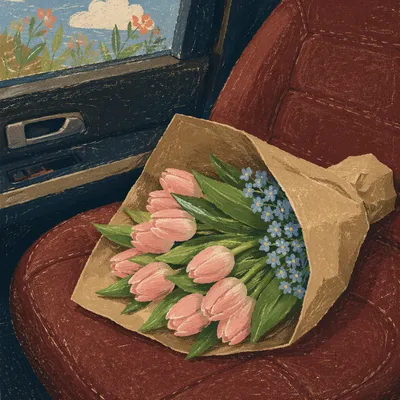 Pink Tulip Bouquet on Burgundy Car Seat