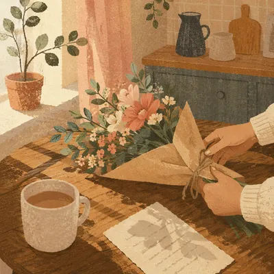 Fresh Flower Bouquet Gift on Breakfast Table