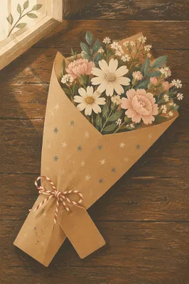 Fresh Flower Gift on Rustic Wooden Table