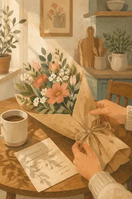 Freshly Cut Flowers Wrapped as Morning Gift