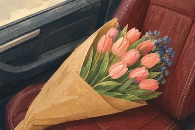 Fresh Tulip Bouquet on Burgundy Car Seat