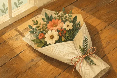 Handwrapped Fresh Flower Bouquet on Wooden Floor