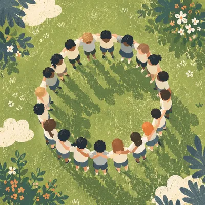 Aerial Friends Circle Hug on Green Lawn