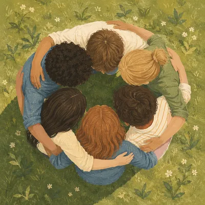 Overhead Friends Group Hug on Grass