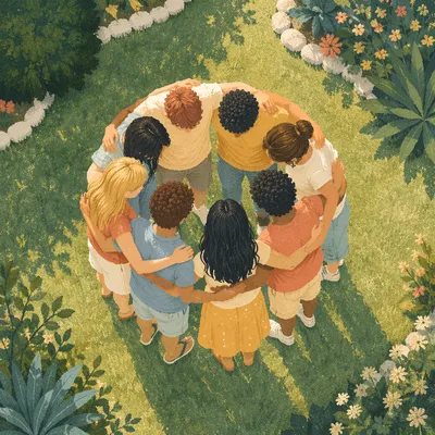 Overhead Friendship Circle on Sunny Green Lawn