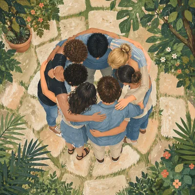 Overhead Friends Group Hug in Garden