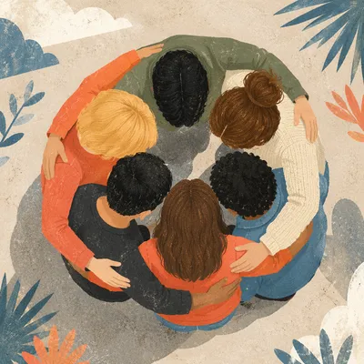 Overhead Circle Hug of Cheerful Friends