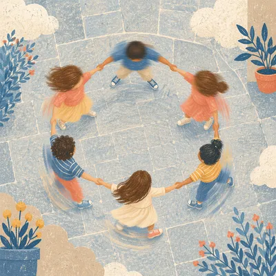 Overhead Friends Group Hug on Tiled Plaza