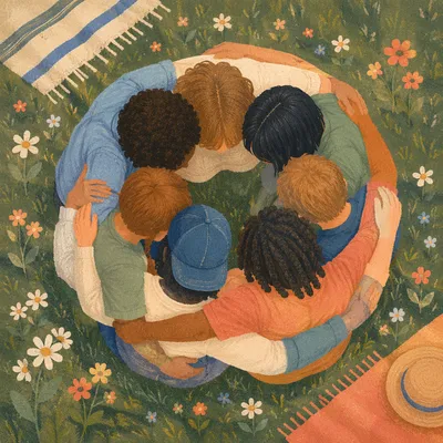 Joyful Friends Group Hug From Above