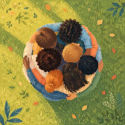 Overhead Friends Group Hug on Lawn