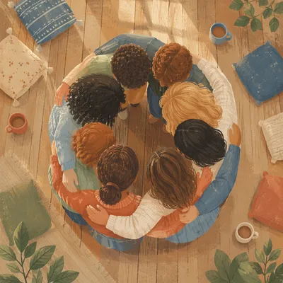 Overhead Friends Group Hug in Community Room