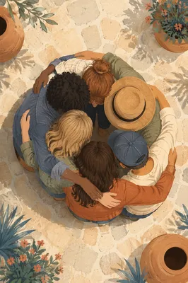 Overhead Friends Group Hug in Sunlit Courtyard