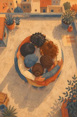 Overhead Friends Group Hug at Golden Hour