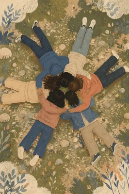 Overhead Friends Circle Hug on Grass