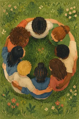 Overhead Friends Group Hug on Grass