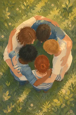 Overhead Friends Group Hug on Sunlit Grass