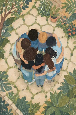 Overhead Friends Group Hug in Garden Courtyard