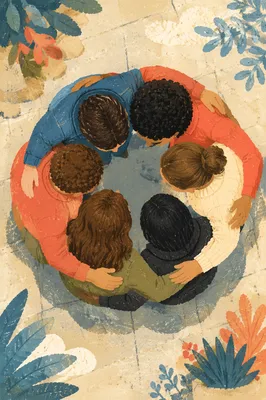 Overhead Circle Hug of Cheerful Friends