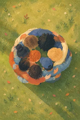 Overhead Friends Group Hug on Sunlit Lawn