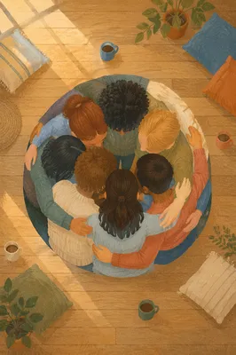 Overhead Friends Group Hug in Community Room