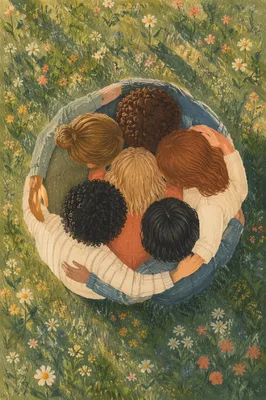 Overhead Friends Group Hug in Meadow