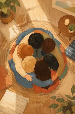 Overhead Friends Group Hug in Sunlit Room